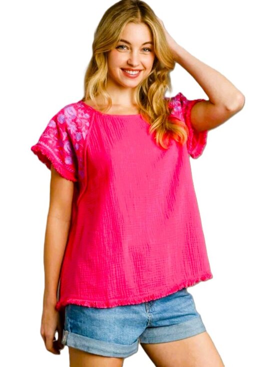 Umgee Tops - Umgee Boho Embroidered Cotton Gauze Top S Pink Lightweight Relaxed